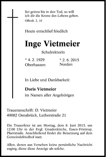 Traueranzeige von Inge Vietmeier von Tageszeitung