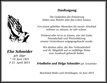 Traueranzeige von Else Schneider von Tageszeitung