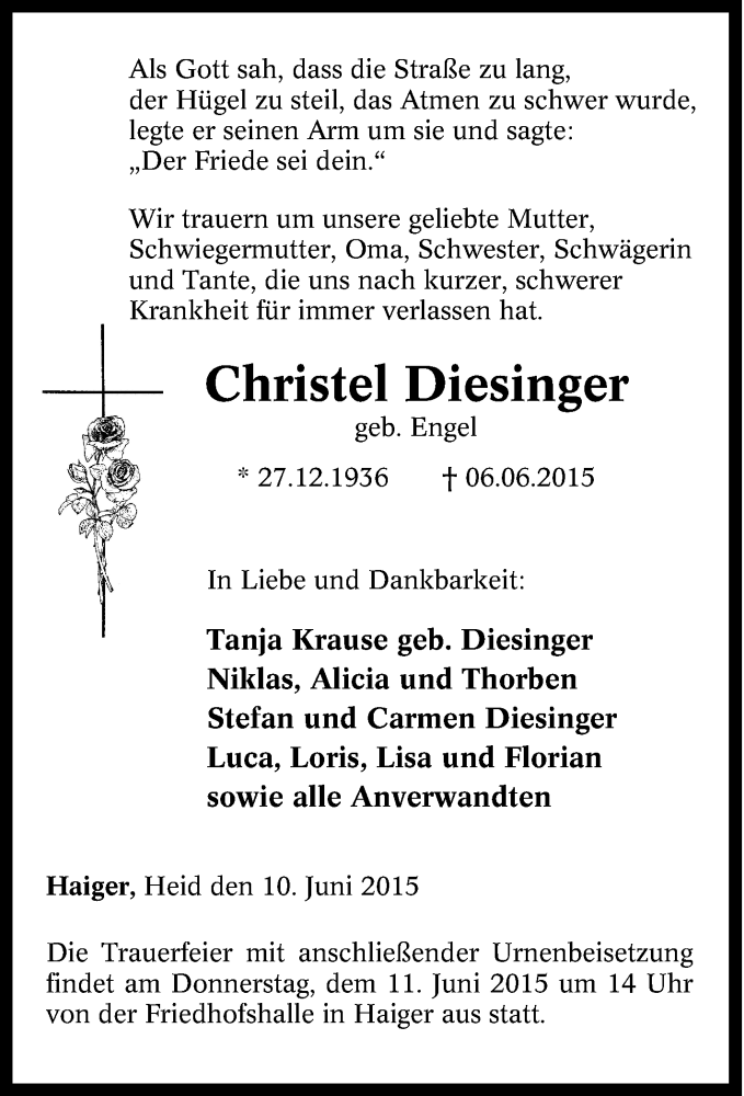  Traueranzeige für Christel Diesinger vom 10.06.2015 aus Tageszeitung