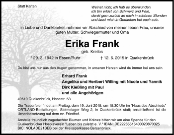Traueranzeige von Erika  Frank von Tageszeitung