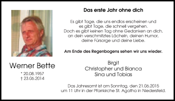 Traueranzeige von Werner Bette von Tageszeitung