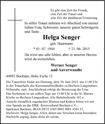 Traueranzeige von Helga Senger von Tageszeitung