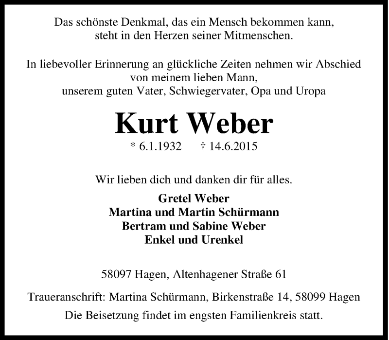  Traueranzeige für Kurt Weber vom 20.06.2015 aus Tageszeitung