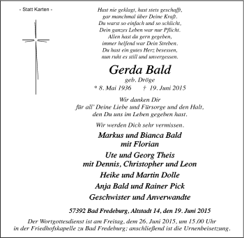 Traueranzeige von Gerda Bald von Tageszeitung
