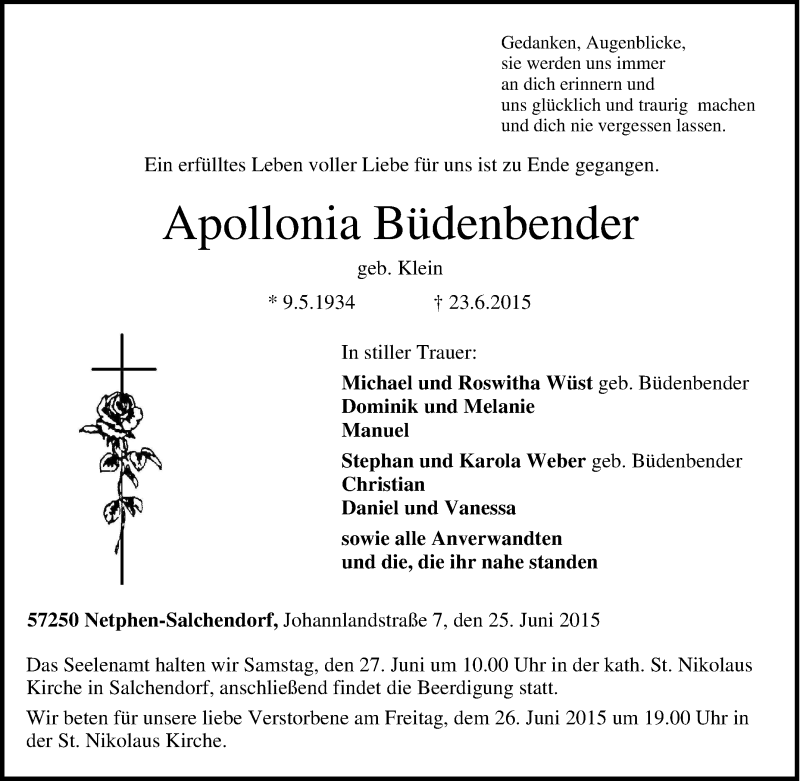  Traueranzeige für Apollonia Büdenbender vom 25.06.2015 aus Tageszeitung