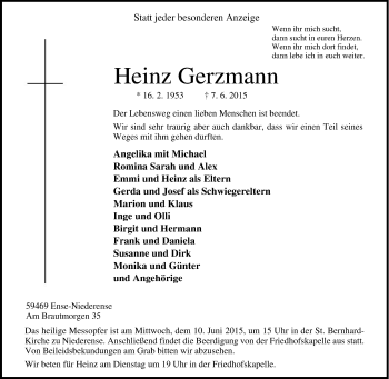 Traueranzeige von Heinz Gerzmann von Tageszeitung