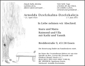 Traueranzeige von Arnolds Dzelzkalns-Dzelzkalejs von Tageszeitung
