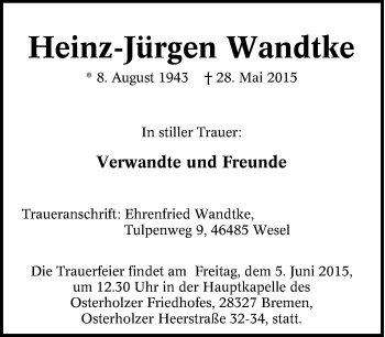 Traueranzeige von Heinz-Jürgen Wandtke von Tageszeitung