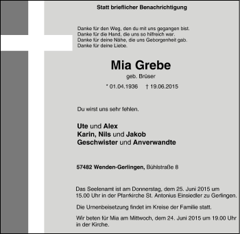 Traueranzeige von Mia Grebe von Tageszeitung