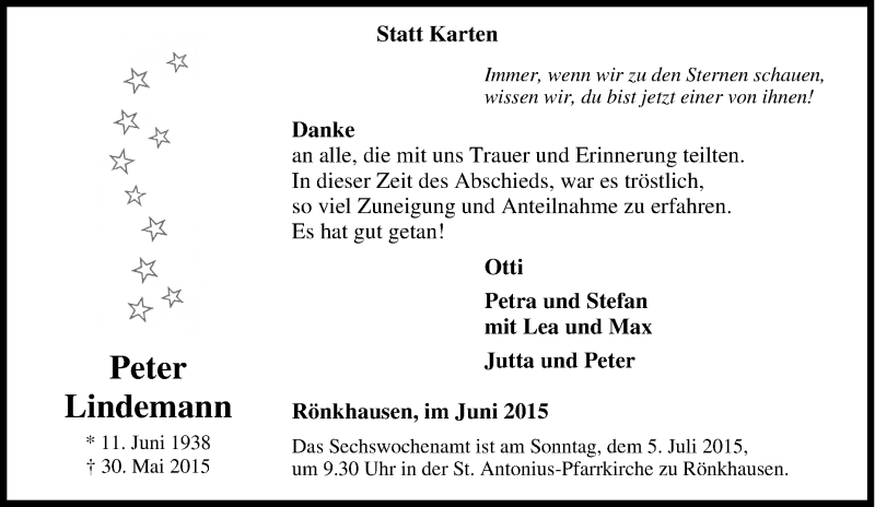  Traueranzeige für Peter Lindemann vom 02.06.2015 aus Tageszeitung
