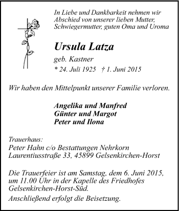 Traueranzeige von Ursula Latza von Tageszeitung
