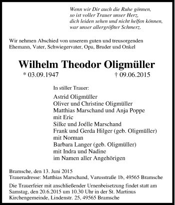 Traueranzeige von Wilhelm Theodor Oligmüller von Tageszeitung