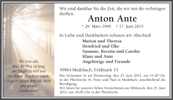 Traueranzeige von Anton Ante von Tageszeitung