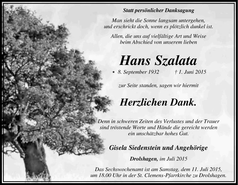  Traueranzeige für Hans Szalata vom 03.06.2015 aus Tageszeitung