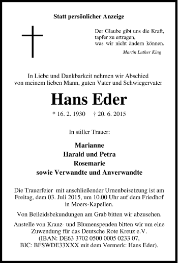 Traueranzeige von Hans Eder von Tageszeitung