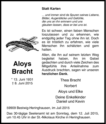 Traueranzeige von Aloys Bracht von Tageszeitung