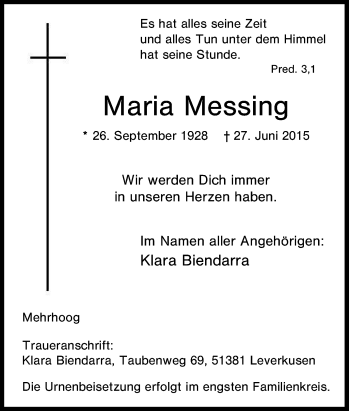 Traueranzeige von Maria Messing von Tageszeitung
