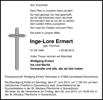 Traueranzeige von Inge-Lore Ermert von Tageszeitung