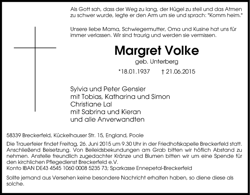  Traueranzeige für Margret Volke vom 24.06.2015 aus Tageszeitung