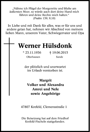 Traueranzeige von Werner Hülsdonk von Tageszeitung