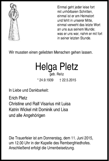 Traueranzeige von Helga Pletz von Tageszeitung