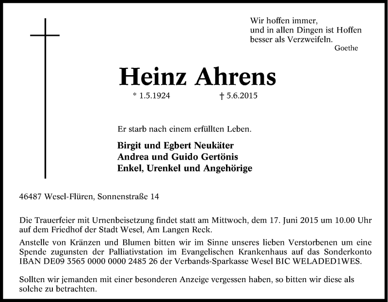  Traueranzeige für Heinz Ahrens vom 10.06.2015 aus Tageszeitung