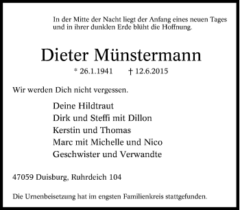 Traueranzeige von Dieter Münstermann von Tageszeitung