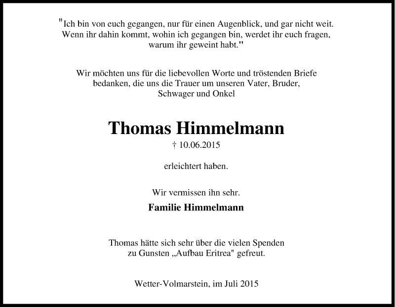  Traueranzeige für Thomas Himmelmann vom 12.06.2015 aus Tageszeitung