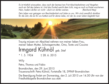 Traueranzeige von Irmgard Kühnöl von Tageszeitung