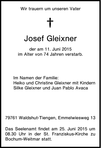 Traueranzeige von Josef Gleixner von Tageszeitung