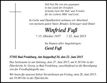 Traueranzeige von Winfried Fuß von Tageszeitung