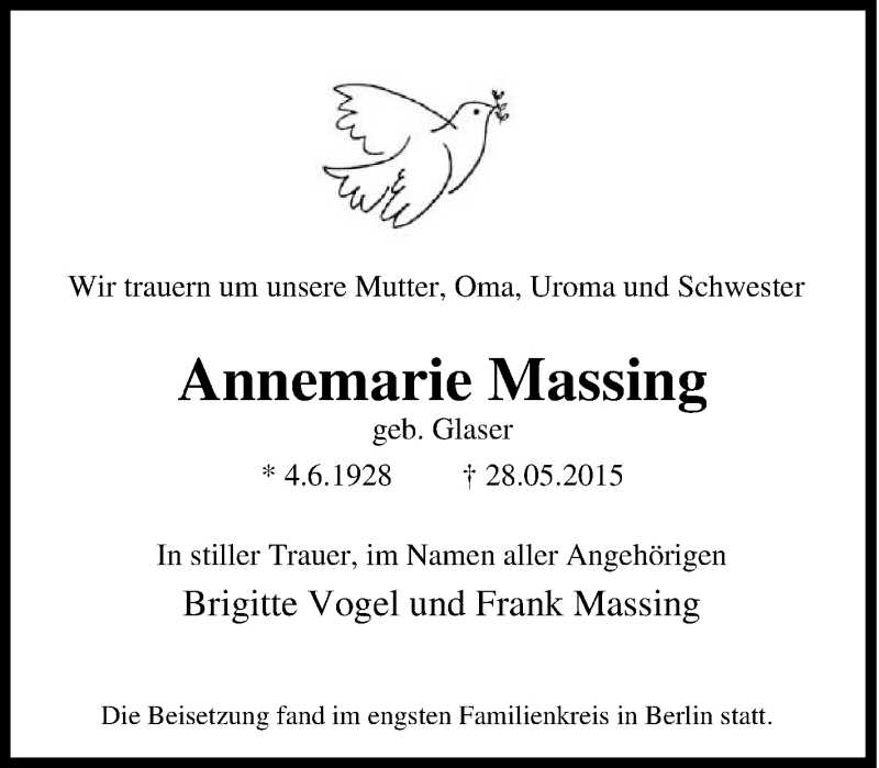  Traueranzeige für Annemarie Massing vom 13.06.2015 aus Tageszeitung