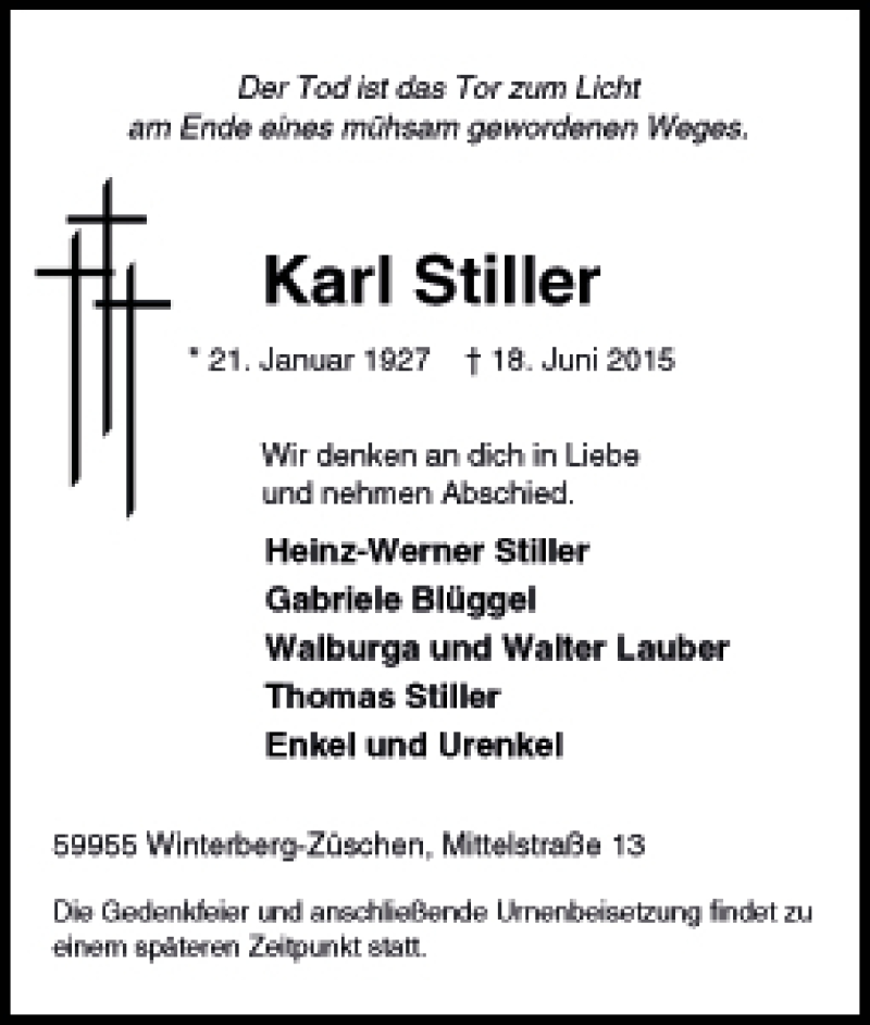  Traueranzeige für Karl Stiller vom 22.06.2015 aus Tageszeitung