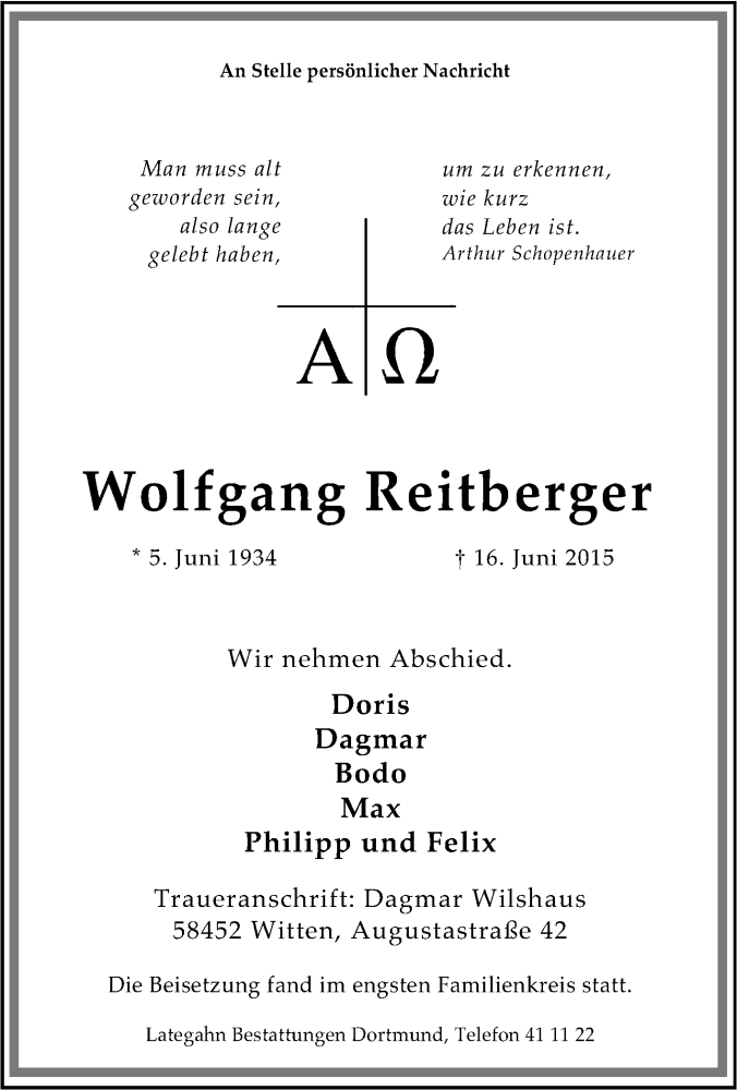  Traueranzeige für Wolfgang Reitberger vom 27.06.2015 aus Tageszeitung