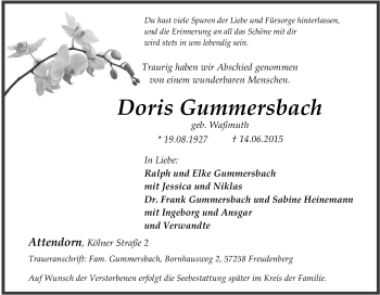Traueranzeige von Doris Gummersbach von Tageszeitung