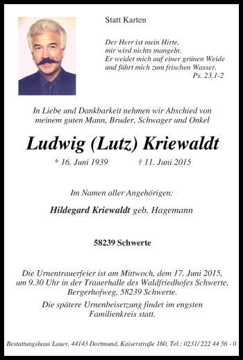 Traueranzeige von Ludwig Kriewaldt von Tageszeitung