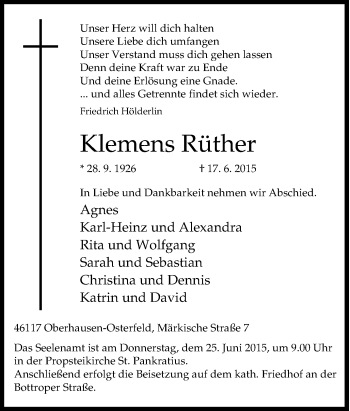 Traueranzeige von Klemens Rüther von Tageszeitung