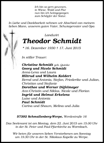 Traueranzeige von Theodor Schmidt von Tageszeitung