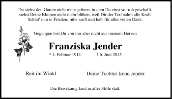 Traueranzeige von Franziska Jender von Tageszeitung
