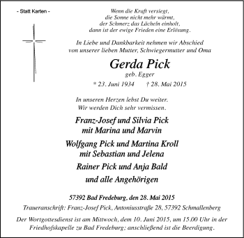 Traueranzeige von Gerda Pick von Tageszeitung