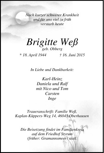 Traueranzeige von Brigitte Weß von Tageszeitung