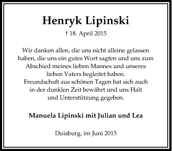 Traueranzeige von Henryk Lipinski von Tageszeitung