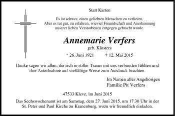 Traueranzeige von Annemarie Verfers von Tageszeitung