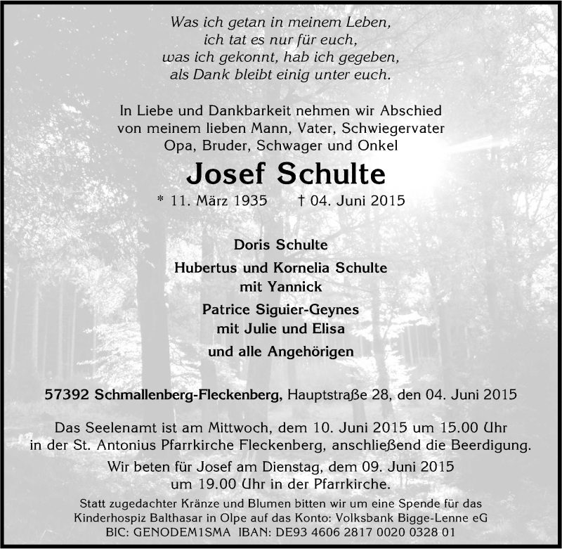  Traueranzeige für Josef Schulte vom 06.06.2015 aus Tageszeitung
