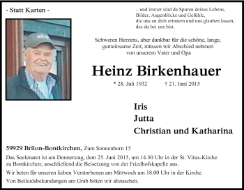 Traueranzeige von Heinz Birkenhauer von Tageszeitung