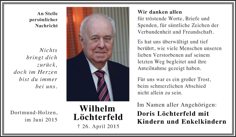  Traueranzeige für Wilhelm Löchterfeld vom 13.06.2015 aus Tageszeitung