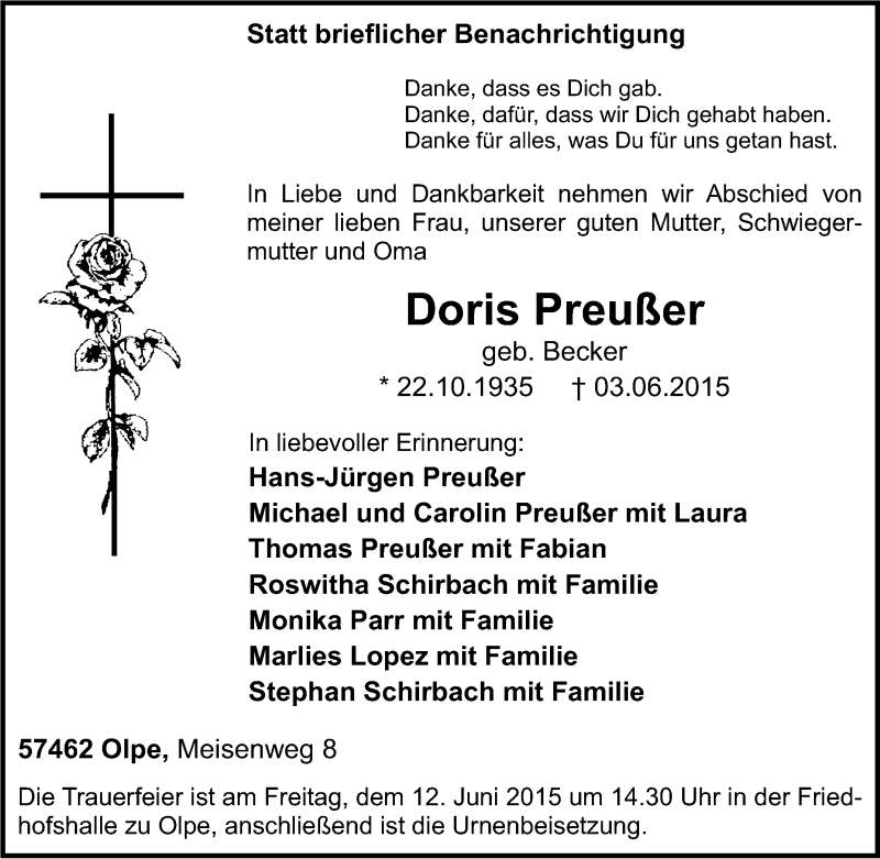  Traueranzeige für Doris Preußer vom 08.06.2015 aus Tageszeitung