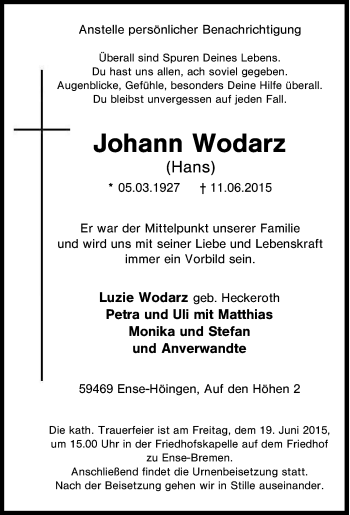 Traueranzeige von Johann Wodarz von Tageszeitung