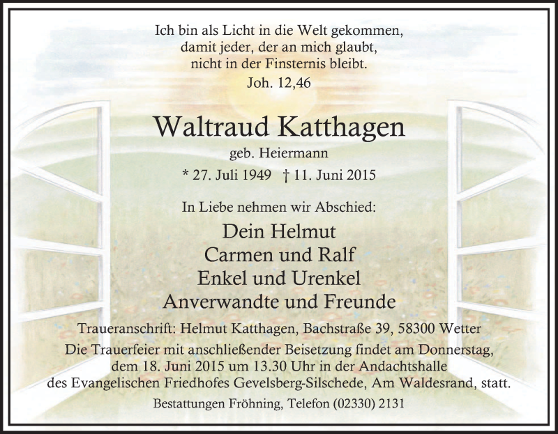  Traueranzeige für Waltraud Katthagen vom 13.06.2015 aus Tageszeitung