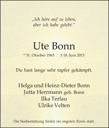 Traueranzeige von Ute Bonn von Tageszeitung